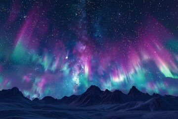 Night Landscape Featuring Aurora and Milky Way Over Mountain Peaks.