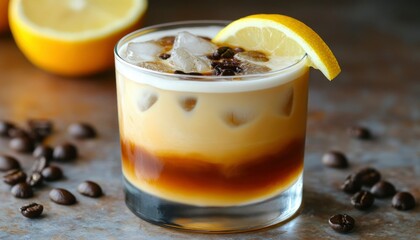 Iced Coffee with Lemon Wedge and Coffee Beans