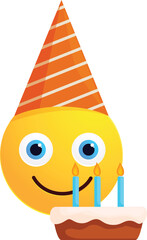 Yellow emoji is celebrating a birthday with a cake and wearing a funny orange hat
