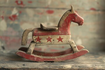 Vintage wooden rocking horse on plain background, space for text