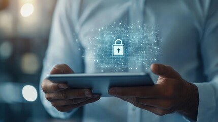 Professional holding a tablet with a digital security lock highlighting protection of business data and systems