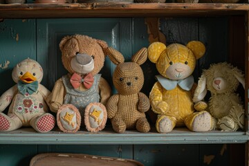 Collection of homemade vintage old soft toys, antiques. Teddy bears, bunnies, dolls
