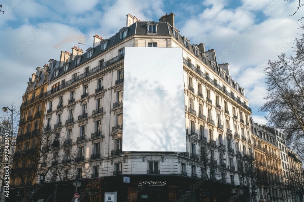 Wall mural Blank Billboard Positioned in Front of Historic French Building.