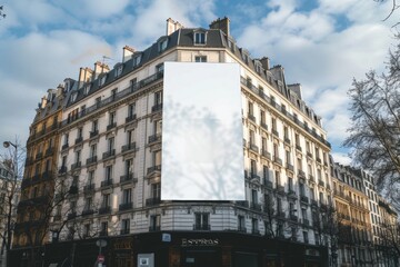 Blank Billboard Positioned in Front of Historic French Building.