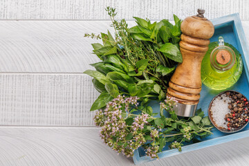 Various herbs and spices on the table
