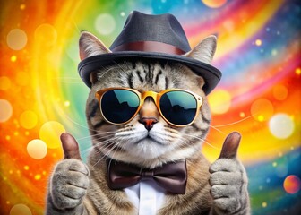 A playful cat wearing sunglasses and a fedora, posing with a cheesy mustache and a thumbs-up, set against