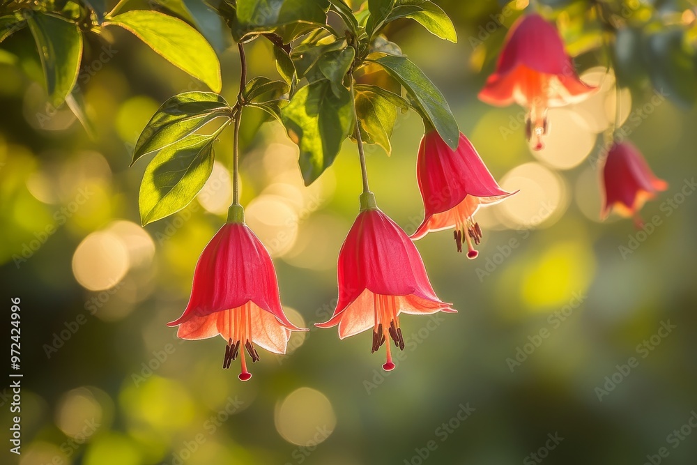 Wall mural A red bell-shaped flower chilean copihue hanging from the branch of an evergreen tree, with green leaves and a blurred background. The plant is in its natural habitat 