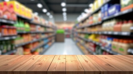Fototapeta premium Wooden Tabletop in Front of Blurred Supermarket Aisle - Retail Store Shelf Background with blur background 