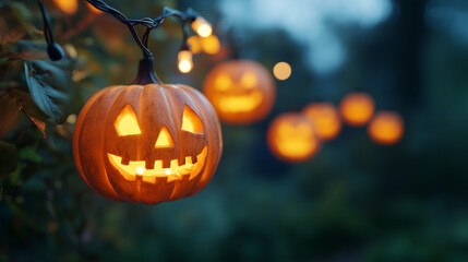 Halloween string lights featuring a carved pumpkin design, glowing in warm orange tones against an out-of-focus background of greenery and a dark sky. The focus is on the face of t