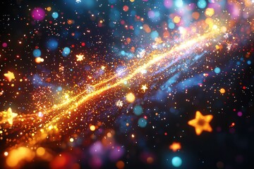 Fototapeta premium Magical night sky with shooting stars, twinkling lights, and colorful bokeh effect