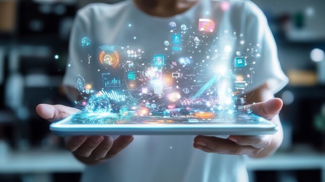 Modern Teacher Using Augmented Reality Tablet in Futuristic Classroom Setting