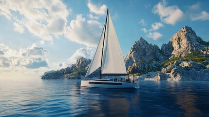 Woman Yachting on White Sails Luxury Sailboat Travel 8K Realistic