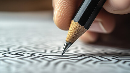 A pencil is drawing a line on a piece of paper. The line is thin and sharp, and it is part of a larger design. The pencil is being held by a person's hand, and the paper is white