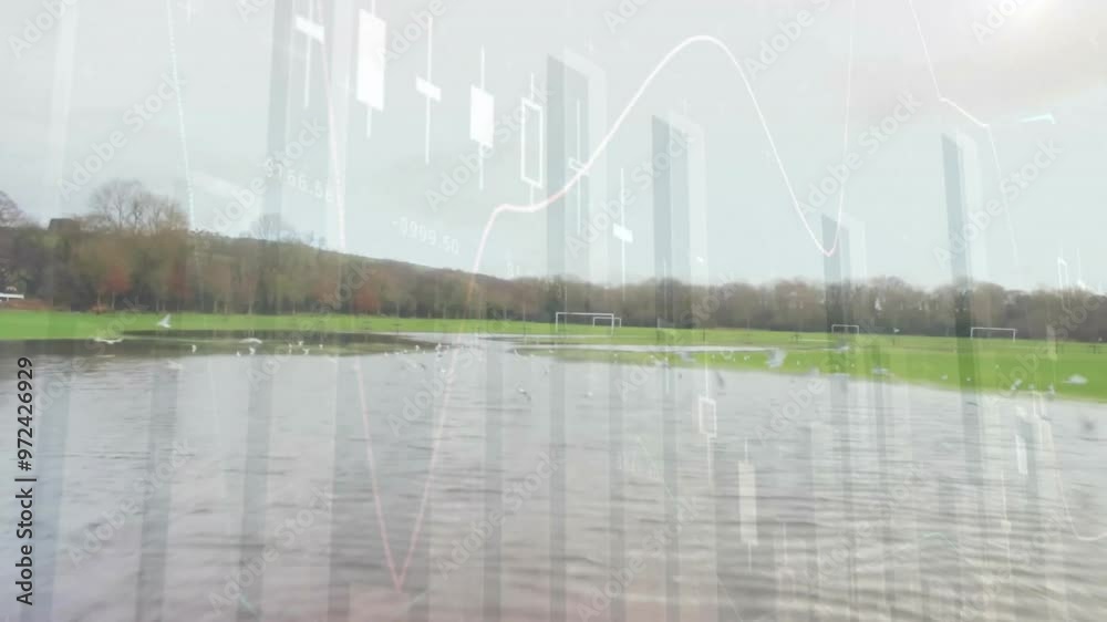 Poster animation of diagrams and data processing over landscape