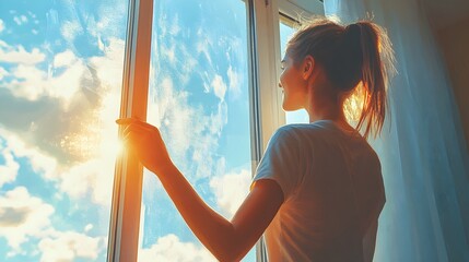 Young housekeeper cleaning windows with enthusiasm, natural light reflecting off glass, bright and airy atmosphere, in digital painting style, pastel tones, realistic detail