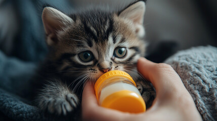A small kitten being fed from an orange baby bottle by the hand of its mother, with focus on close-up details and soft lighting.