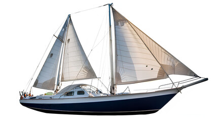 Fototapeta premium Yacht with sail on white background. Sailboat, small vessel, close-up, PNG format.