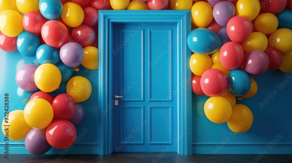 Wall mural a blue door with colorful balloons around it.