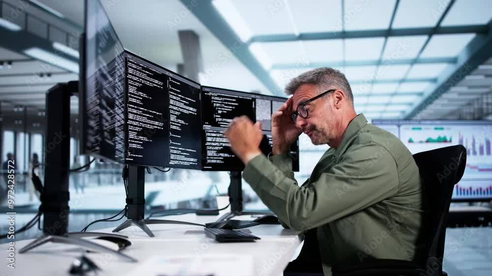 Poster Unhappy Sad Developer Programmer Man In Stress Coding Software