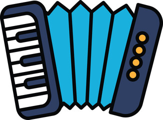 A blue accordion with a keyboard on the left side