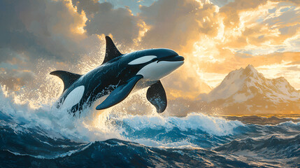 Fototapeta premium A majestic orca breaching the surface of the ocean