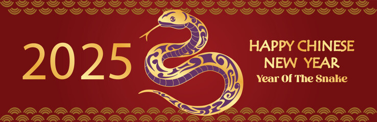 Chinese New Year 2025, the year of the snake, red and gold line art characters, simple hand-drawn Asian elements with craft (Chinese translation: Happy Chinese New Year 2025, year of the snake)