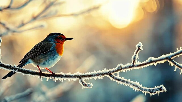 A Robin Perched on a Frosty Branch at Sunrise
