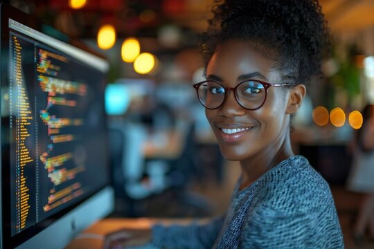 beautiful African American woman with eyeglasses is smiling and coding on her computer in her office.