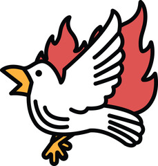 A white bird with red flames on its wings