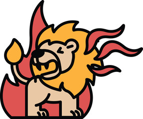 The lion appears to be angry and is surrounded by the fire
