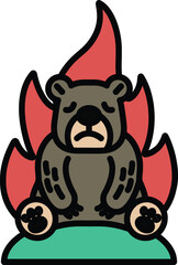 A bear is sitting on a fire, looking sad