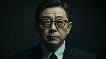 A Taiwanese businessman, dressed in a black suit and wearing thin-rimmed glasses, stares ahead. The atmosphere is dark, with a black background.