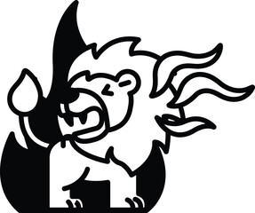 The lion appears to be angry and is surrounded by the fire
