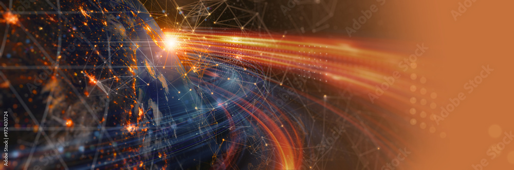Aufkleber global connectivity showing digital networks and data flow across the Earth. The image highlights the interconnected nature of modern technology with vibrant lines representing the speed