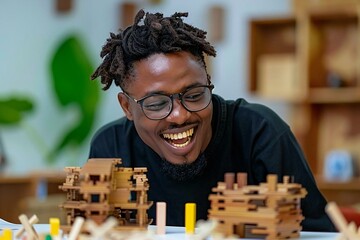 Beautiful African man wearing glasses, smiling and laughing, managing a domino chain challenge while looking confident and focused on protecting his real estate house with insurance.
