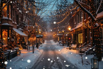 Obraz premium Snowy Winter Street with Festive Lights and Decorations at Dusk
