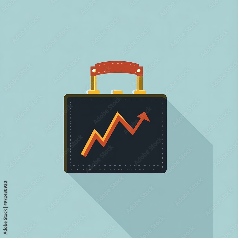 Poster black briefcase with red arrow pointing upward on a blue background