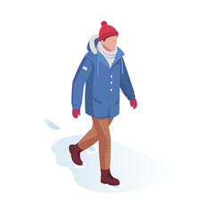 Person wearing winter clothing, including a blue coat, red hat, and gloves, walking on snow. Isometric style on white background. Winter concept. Vector illustration