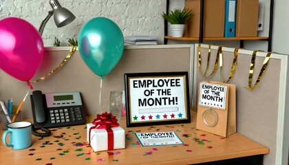Employee of the Month Desk with Balloons and Gift