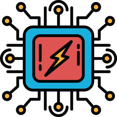 A blue and red computer chip with a lightning bolt on it