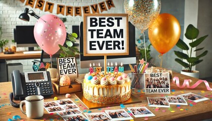 Best Team Ever Desk Celebration with Cake and Photos


