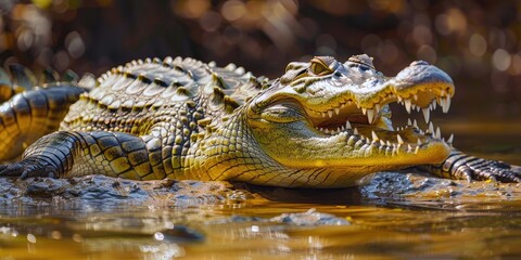 Fototapeta premium Crocodile lounging in the sunlight with its mouth wide open.