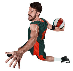 Dynamic image of competitive and determined man, basketball player mid-air with ball, isolated on...