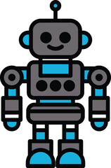 A robot with blue and gray parts is smiling