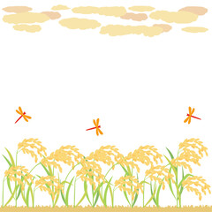 実った稲・稲穂と雲と赤とんぼの秋のイラスト　アスペクト比1：1バージョン © Rica Nohara