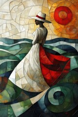 Abstract geometric art of woman in dress and hat with vibrant sun