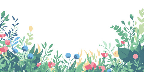 Fototapeta premium Vector illustration of a meadow with blue, pink, and white flowers and green leaves on the bottom edge.