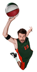 Dynamic image of focused and emotional young man, basketball player in green uniform in motion with...