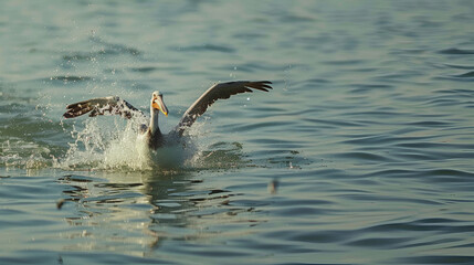A pelican diving towards the water