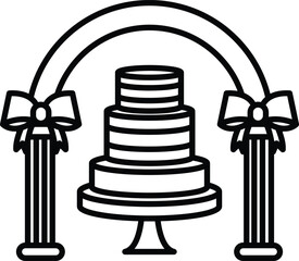 A cake with three tiers is displayed under a bow arch